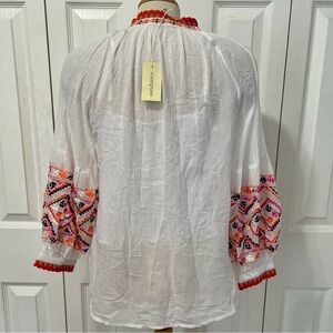 New Sundance 100% White Blouse with Red and Pink Embroidery and Balloon Sleeves